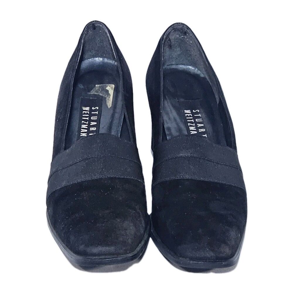 Stuart Weitzman Black Suede Block Heel Pumps Square Toe Elastic Band Size 9M VTG - Picture 2 of 10